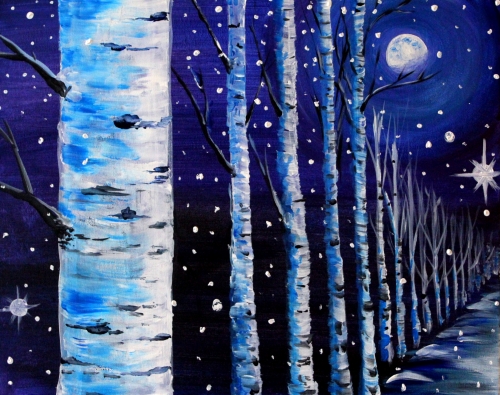 A Moonlit Winter Birch Path paint nite project by Yaymaker