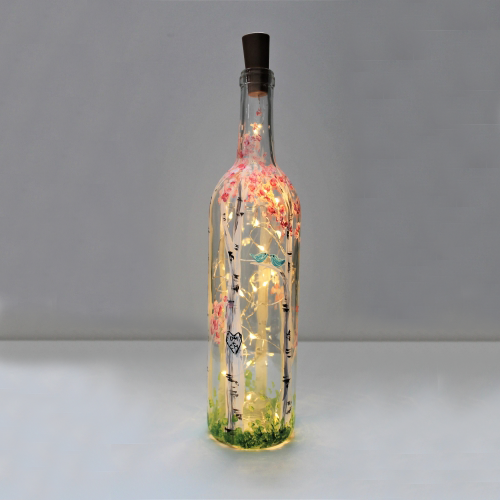 A Love You Birches Wine Bottle with Fairy Lights paint nite project by Yaymaker