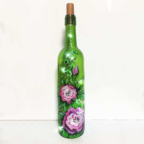 A Pink Roses Wine Bottle with Fairy Lights paint nite project by Yaymaker
