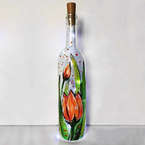 A Spring Tulip Wine Bottle with Fairy Lights paint nite project by Yaymaker