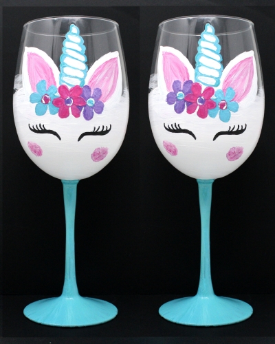 A Magical Unicorn Wine Glasses paint nite project by Yaymaker
