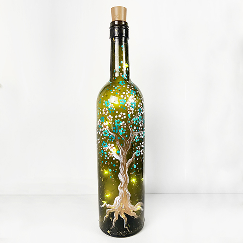 A Teal and Gold Tree Wine Bottle with Fairy Lights paint nite project by Yaymaker
