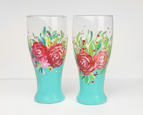 A Teal Pint Glasses with Roses paint nite project by Yaymaker