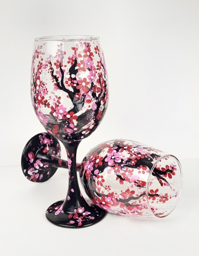 A Cherry Blossom Wine Glasses paint nite project by Yaymaker