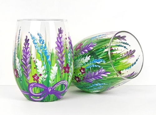 A Wild Flowers and Purple Ribbon Stemless Wine Glasses paint nite project by Yaymaker
