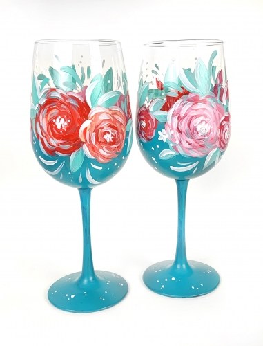 A Blue Wine Glasses with Roses paint nite project by Yaymaker