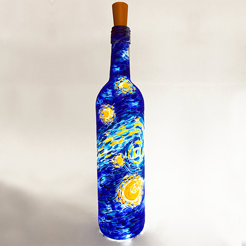 A Starry Night Wine Bottle With Fairy Lights paint nite project by Yaymaker