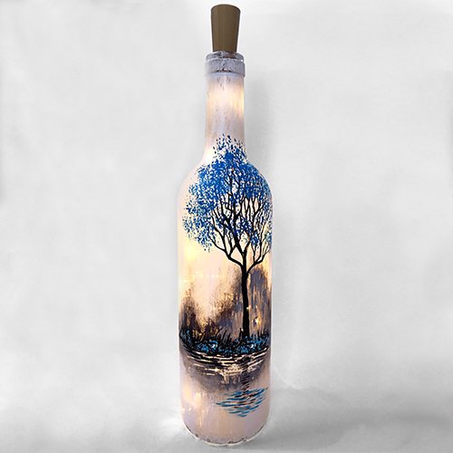 A Forest Reflection Wine Bottle With Fairy Lights paint nite project by Yaymaker