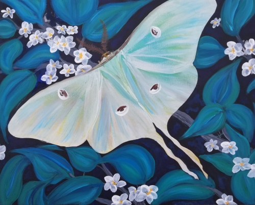 A Luna Moth with Blossoms paint nite project by Yaymaker