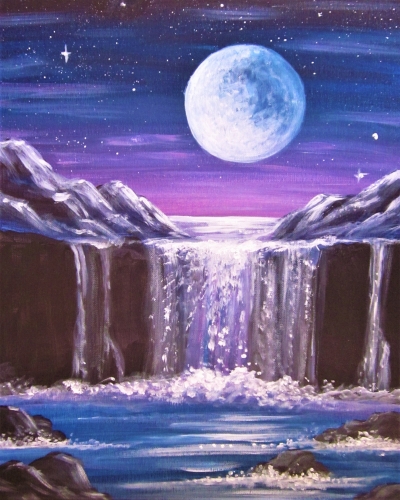 A Mysterious Moonlit Waterfalls paint nite project by Yaymaker