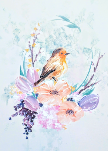 A Baby Robin On Flowers paint nite project by Yaymaker
