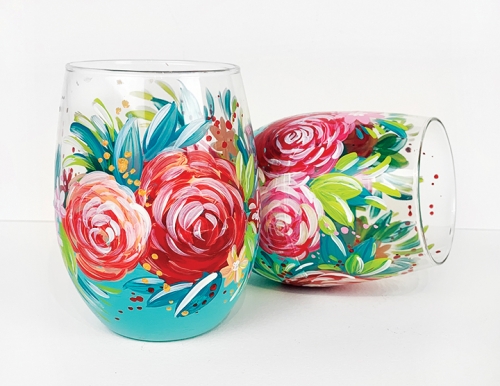 A Teal Stemless Wine Glasses with Roses paint nite project by Yaymaker