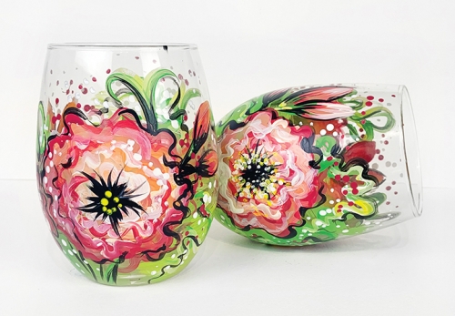 A Blooming Flowers Stemless Wine Glasses paint nite project by Yaymaker