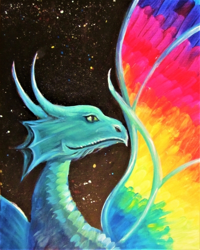 A My Dragon has Rainbow Wings paint nite project by Yaymaker