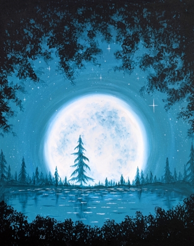 A Teal Moonrise over Pine Lake paint nite project by Yaymaker