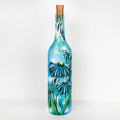 A Blue Daisies Wine Bottle with Fairy Lights paint nite project by Yaymaker