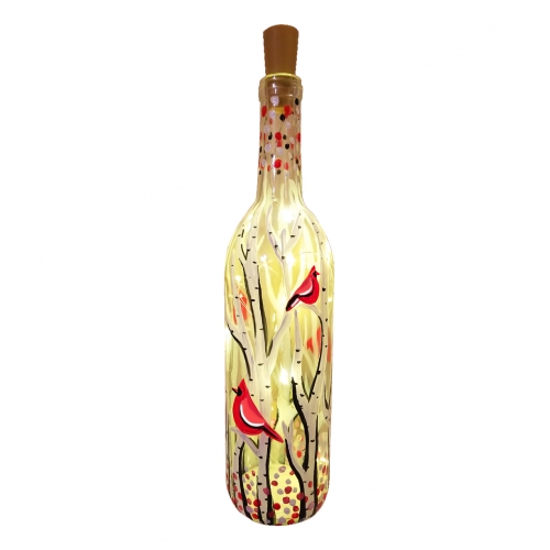 A Whimsical Cardinals Wine Bottle w Fairy Lights paint nite project by Yaymaker