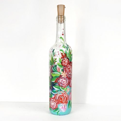 A Roses and Berries Wine Bottle with Fairy Lights paint nite project by Yaymaker