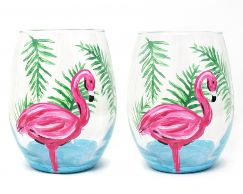 A Flamingo Palm Stemless Wine Glasses paint nite project by Yaymaker