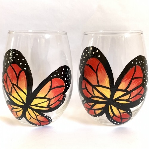 A Mini Beautiful Butterfly Stemless Wine Glasses paint nite project by Yaymaker