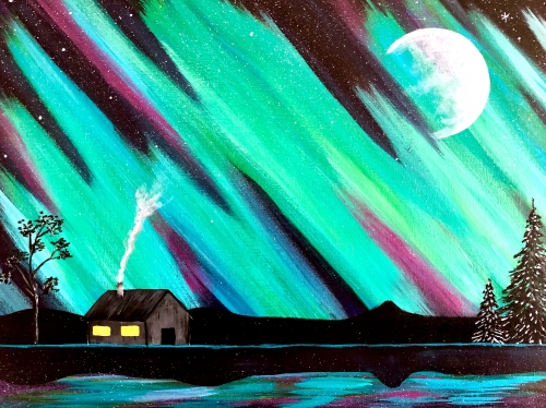 A Cabin under the Aurora Moon paint nite project by Yaymaker