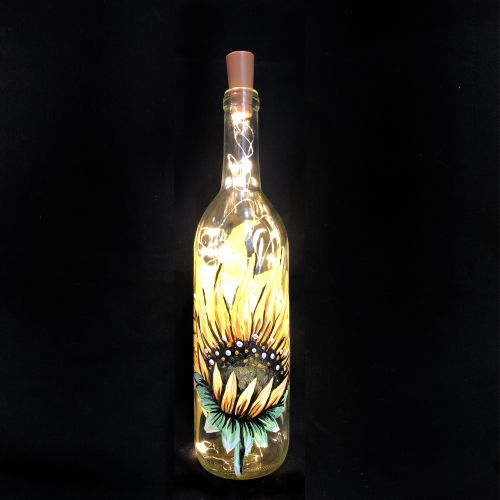 A Sunflower Wine Bottle with Fairy Lights paint nite project by Yaymaker