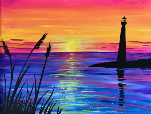 A Sunset Lighthouse Silhouette paint nite project by Yaymaker