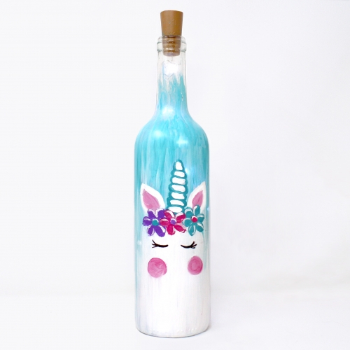 A Unicorn Wine Bottle with Fairy Lights paint nite project by Yaymaker
