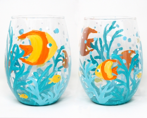 A Fish Aquarium Stemless Wine Glasses paint nite project by Yaymaker