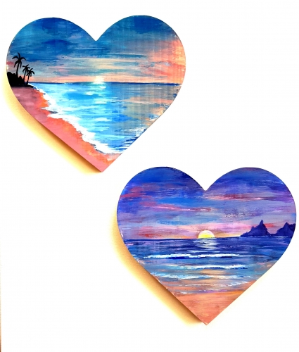 A Beach Heart Sunsets 2 Wood Hearts per Guest paint nite project by Yaymaker