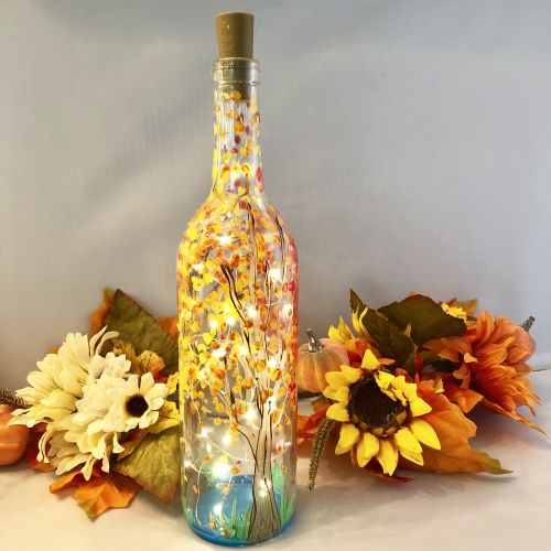A Fall Trees by the Lake  Wine Bottle  Fairy Lights paint nite project by Yaymaker