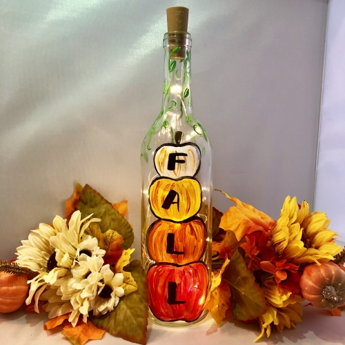 A Fall Pumpkins  Wine Bottle  Fairy Lights paint nite project by Yaymaker