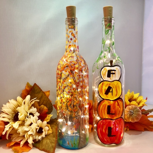 A Choose Your Fall Design  Fall Trees OR Fall Pumpkins Wine Bottle  Fairy Lights paint nite project by Yaymaker