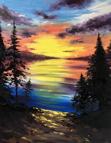 A Lovely Lakeside Sunset paint nite project by Yaymaker