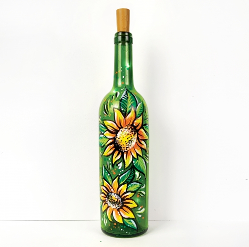 A Perfect Sunflowers Wine Bottle with Fairy Lights paint nite project by Yaymaker