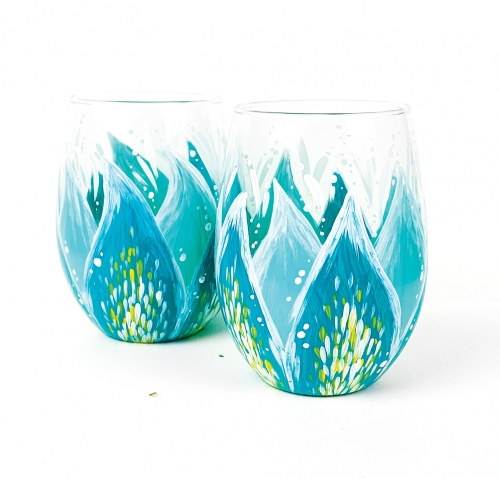 A Teal Flower Stemless Wine Glasses paint nite project by Yaymaker