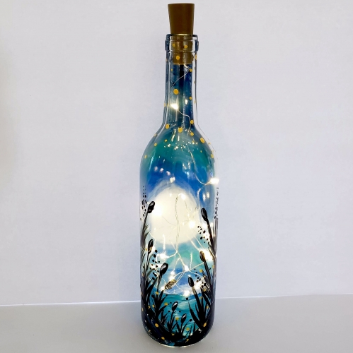A Beach Moonlight  Wine Bottle  Fairy Lights paint nite project by Yaymaker