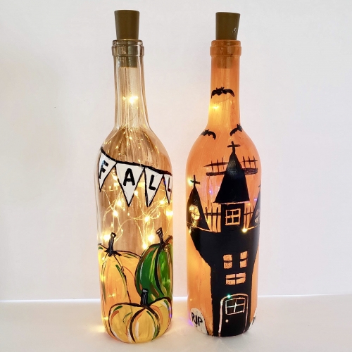A Choose Your Fall Design  Wine Bottle  Fairy Lights paint nite project by Yaymaker