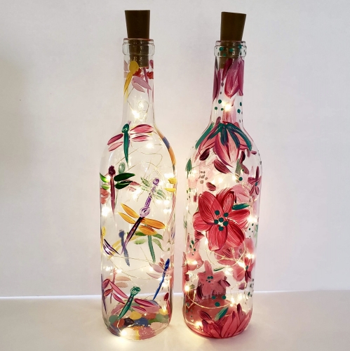 A Choose Your Whimsical Design  Wine Bottle  Fairy Lights paint nite project by Yaymaker