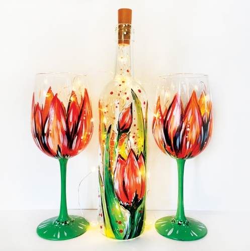 A CHOOSE Tulip Wine Bottle with fairy lights OR Wine Glasses paint nite project by Yaymaker