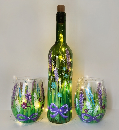 A CHOOSE Wild Flowers Wine Bottle with fairy lights OR Wine Glasses paint nite project by Yaymaker