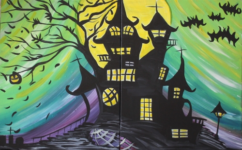 A Haunted Moon Mansion  Partner Painting paint nite project by Yaymaker
