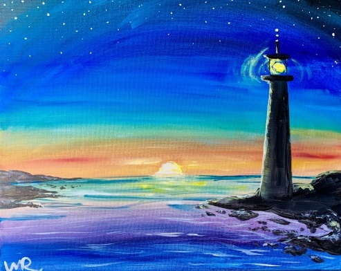 A Colorful Lighthouse Sunset paint nite project by Yaymaker