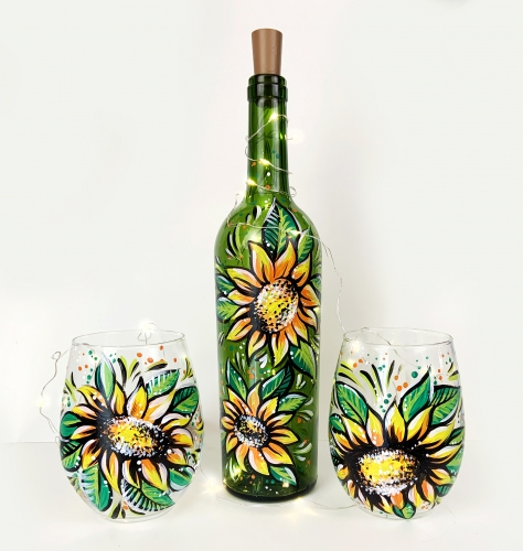 A CHOOSE Sunflowers Wine Bottle With Fairy Lights OR Wine Glasses paint nite project by Yaymaker