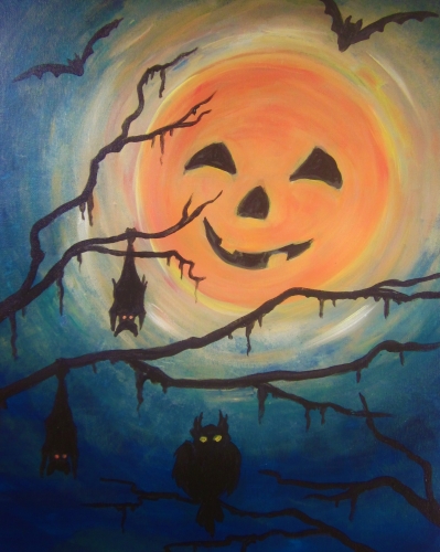 A Glowing Pumpkin Moon paint nite project by Yaymaker
