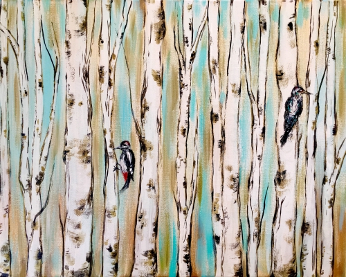 A Woodpecker On Birch Trees paint nite project by Yaymaker