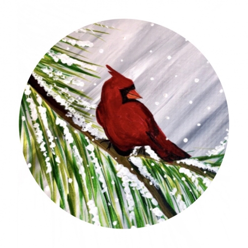 A Winter Cardinal Visitor  Circle Canvas paint nite project by Yaymaker