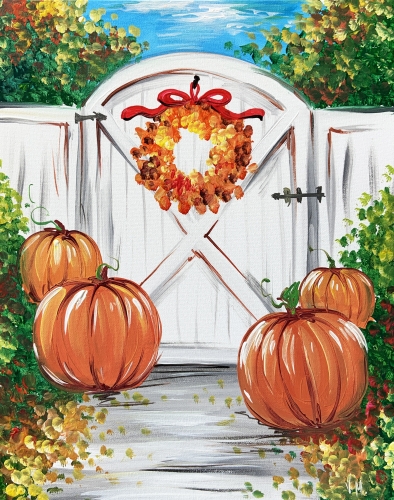 A Fall Cottage Gate With Pumpkins paint nite project by Yaymaker
