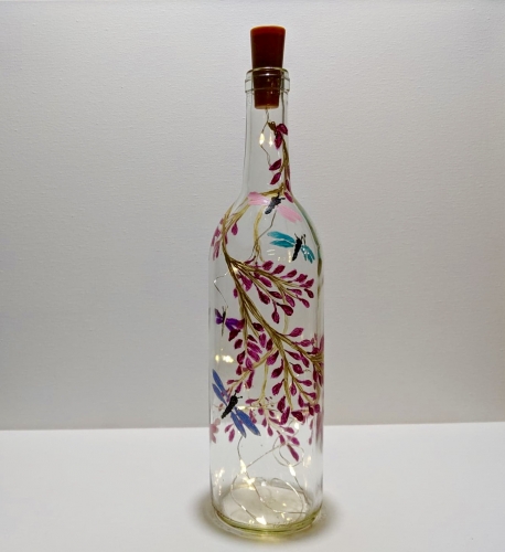 A Dragonflies On The Vine  Wine Bottle With Fairy Lights paint nite project by Yaymaker