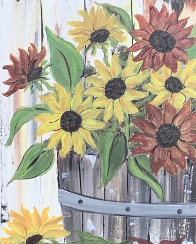 A Fall Sunflower Wine Barrel paint nite project by Yaymaker